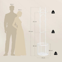 White 175Cm Metal Coat Rack 12 Hooks 2 Rails Umbrella Holder - thumbnail 2