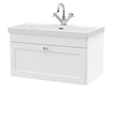 Balterley Swynnerton Traditional 1 Drawer Wall Hung Vanity Unit With Thin Edge Basin, Satin White, 800mm