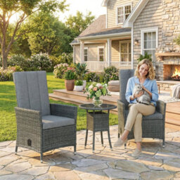 Outsunny Rattan Bistro Set, Reclining Garden Chairs And Table, Grey - thumbnail 1