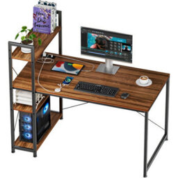 120Cm Computer Desk Rustic Dark Brown With Power Outlets, Black Coated Metal Frame Versatile 4 Tier Gaming Desk, For Home Office