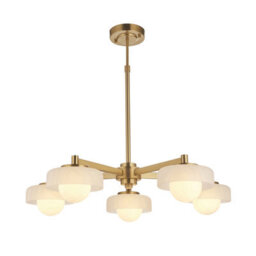 Luminosa Lighting Luminosa Boss Multi Arm Pendant Ceiling Light Brushed Aged Brass Plate With Frosted & Opal Glass 5X G9 - thumbnail 1