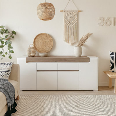 Wyld Haus Lisbon Wide 4-Door 2-Drawer Sideboard With Led Lighting, Gloss White & Oak - image 1