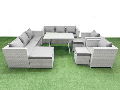 Fimous 11 Seater Garden Furniture Set Pe Ratten Garden Sofa Set With Rectangular Dining Table 3 Stool Light Grey - image 1