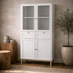 Wyld Haus Niva Light Grey And Natural Oak Effect Display Cabinet 4 Doors 2 Drawers