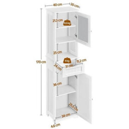 Tall Bathroom Storage Cabinet, 170Cm Storage Organizer With Glass Door, White - thumbnail 2