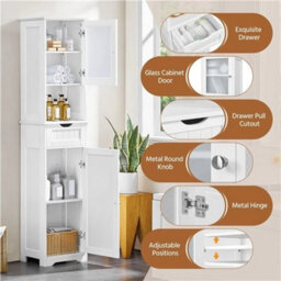 Tall Bathroom Storage Cabinet, 170Cm Storage Organizer With Glass Door, White - thumbnail 3