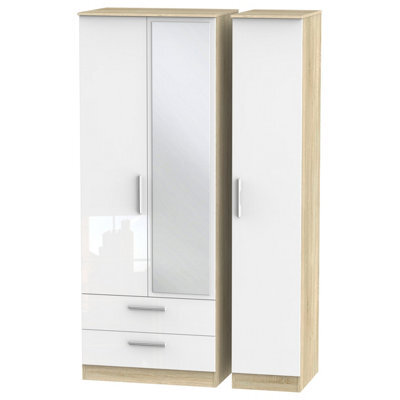 Trent Triple Mirror Wardrobe With 2 Drawers In White & Bardolino Oak (Ready Assembled)