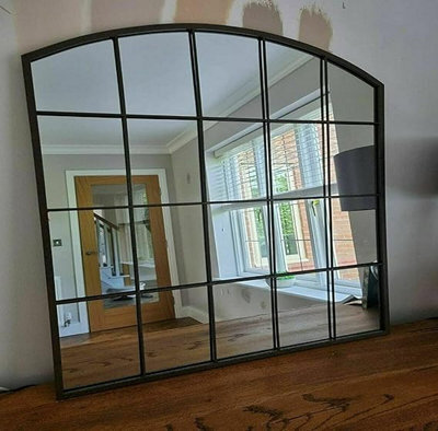 Biznest Large Rectangle Arch Window Mirror Durable Metal Frame Indoor Outdoor Wall Mounted Window Style Metal Home 76X90Cm (Black)