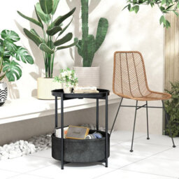 Huhote Black Fabric 2 Tier Round End Side Table With Storage Basket Bedroom Living Room Nightstand - thumbnail 8