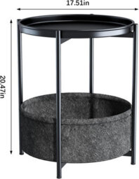 Huhote Black Fabric 2 Tier Round End Side Table With Storage Basket Bedroom Living Room Nightstand - thumbnail 3
