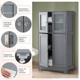 Costway Bathroom Floor Cabinet Freestanding Storage Cupboard W/ 2 Tempered Glass Doors - thumbnail 9