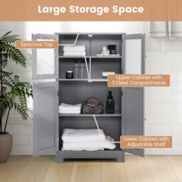 Costway Bathroom Floor Cabinet Freestanding Storage Cupboard W/ 2 Tempered Glass Doors - thumbnail 6