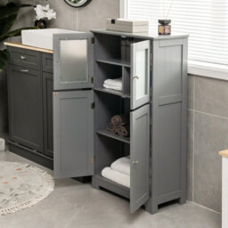 Costway Bathroom Floor Cabinet Freestanding Storage Cupboard W/ 2 Tempered Glass Doors - thumbnail 4
