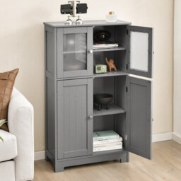 Costway Bathroom Floor Cabinet Freestanding Storage Cupboard W/ 2 Tempered Glass Doors - thumbnail 1