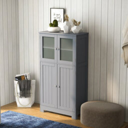 Costway Bathroom Floor Cabinet Freestanding Storage Cupboard W/ 2 Tempered Glass Doors - thumbnail 3