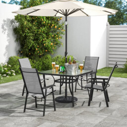 Living And Home Set Of 5 Black Tempered Glass Outdoor Coffee Umbrella Table And Folding Chairs Set 105 Cm - thumbnail 3