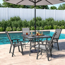 Living And Home Set Of 5 Black Tempered Glass Outdoor Coffee Umbrella Table And Folding Chairs Set 105 Cm - thumbnail 2