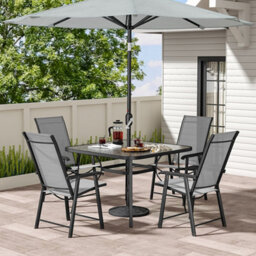 Living And Home Set Of 5 Black Tempered Glass Outdoor Coffee Umbrella Table And Folding Chairs Set 105 Cm - thumbnail 1