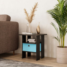 Urbn-Living Urbnliving 40Cm Height 2 Tier Black Wooden Table Bedside Nightstand 1 Light Blue Drawer Side End Living Room Furniture