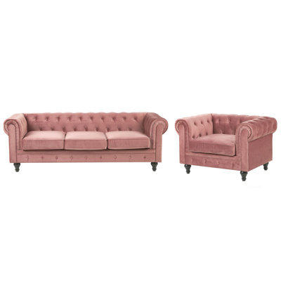 Beliani Living Room Set 4 Seater Chesterfield Velvet Pink - image 1