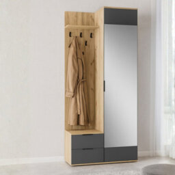 Coral Hallway Wardrobe Compact Entrance Storage With Coat Hooks Cabinet And Mirror Durable Laminated Board Golden Oak Anthracite - thumbnail 1
