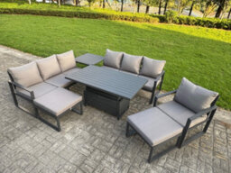Fimous Garden Aluminium Furniture Set 9 Seater Adjustable Rising Lifting Dining Table With 2 Big Footstools Side Table Dark Grey - thumbnail 2