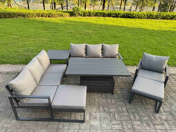 Fimous Garden Aluminium Furniture Set 9 Seater Adjustable Rising Lifting Dining Table With 2 Big Footstools Side Table Dark Grey - thumbnail 1