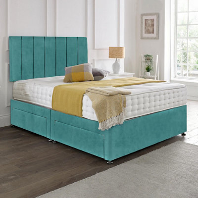 Dining Tables Oslo Matching Headboard Divan Set, 2 Drawer On Same Side With Sprung 1500 Comfort Mattress - Plush Velvet Duck Egg - Double - image 1