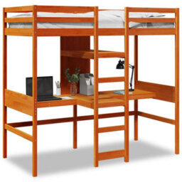 Berkfield Loft Bed Frame With Desk And Shelves Wax Brown 90X200Cm Solid Wood Pine - thumbnail 1