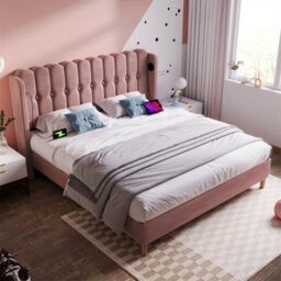 Abrihome 4Ft6 Double Upholstered Bed Frame (135X190Cm) With Usb/type-C Charging, Wooden Slatted Base For Bedroom, Pink, Velvet