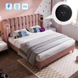 Abrihome 4Ft6 Double Upholstered Bed Frame (135X190Cm) With Usb/type-C Charging, Wooden Slatted Base For Bedroom, Pink, Velvet - thumbnail 2