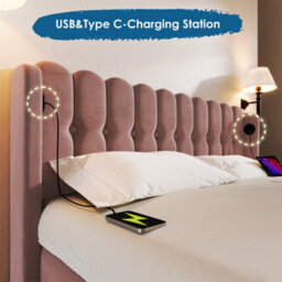 Abrihome 4Ft6 Double Upholstered Bed Frame (135X190Cm) With Usb/type-C Charging, Wooden Slatted Base For Bedroom, Pink, Velvet - thumbnail 3