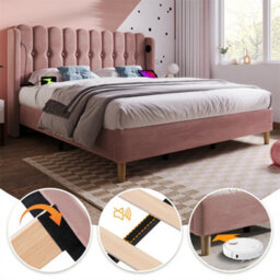 Abrihome 4Ft6 Double Upholstered Bed Frame (135X190Cm) With Usb/type-C Charging, Wooden Slatted Base For Bedroom, Pink, Velvet - thumbnail 4