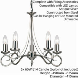 Hanging Flush Ceiling Pendant 5 Light Antique Silver Chandelier Lamp Bulb Holder - thumbnail 2