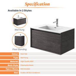 Plum&clay Matterhorn Dark Oak Wall Hung Bathroom Vanity Unit With White Basin (W)750mm (H)450mm - thumbnail 4