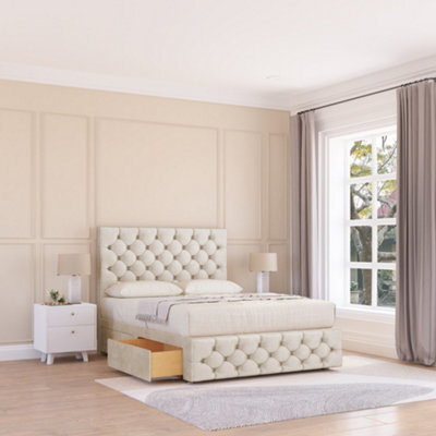 "Sloomy 2Ft6 Watson Divan Bed Base Cream Plush ,2 Drawers, 12"" Footboard & 54"" Floor Standing Headboard - Small Single" - image 1