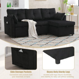 Matteo L-Shape Sectional Sleeper Sofa With Storage Chaise - Black Corduroy - thumbnail 7