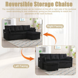 Matteo L-Shape Sectional Sleeper Sofa With Storage Chaise - Black Corduroy - thumbnail 3