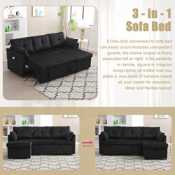 Matteo L-Shape Sectional Sleeper Sofa With Storage Chaise - Black Corduroy - thumbnail 5