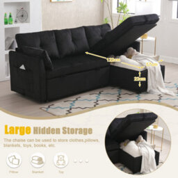 Matteo L-Shape Sectional Sleeper Sofa With Storage Chaise - Black Corduroy - thumbnail 4