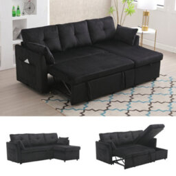 Matteo L-Shape Sectional Sleeper Sofa With Storage Chaise - Black Corduroy - thumbnail 1