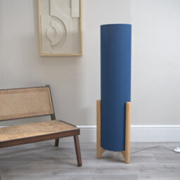 Valuelights Henry Wooden Oak Effect Midi Floor Lamp With Navy Blue Cylinder Shade