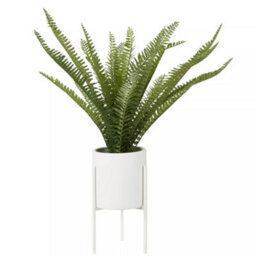 Orsina Fiori Faux Fern In White Cement Effect Pot With Iron Stand, Mid-Century Indoor Plant Decoration