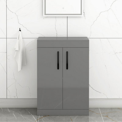 Royal Bathrooms Turin 600mm Indigo Grey Gloss Floor Standing Worktop Vanity Unit - 2 Doors With Matt Black Handle - image 1
