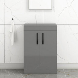 Royal Bathrooms Turin 600mm Indigo Grey Gloss Floor Standing Worktop Vanity Unit - 2 Doors With Matt Black Handle - thumbnail 1