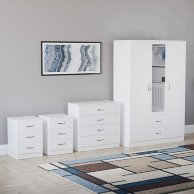 Lassic Vida Designs Riano 4 Piece Bedroom Set (3 Drawer Bedside Chest, 4 Drawer Chest, 3 Door 2 Drawer Mirrored Wardrobe), White - image 1