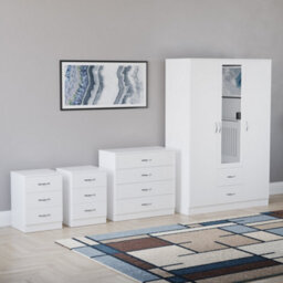 Lassic Vida Designs Riano 4 Piece Bedroom Set (3 Drawer Bedside Chest, 4 Drawer Chest, 3 Door 2 Drawer Mirrored Wardrobe), White - thumbnail 1