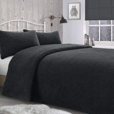 Velosso Teddy Fleece Duvet Cover & Pillowcase Set - Button Enclosure, Machine Washable Bedroom Essentials - Charcoal