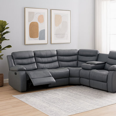 Eco Living Serafina 5 Seater Leather Recliner Corner Sofa Set Grey With Drop Down Armrest