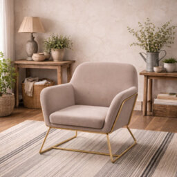 Wyld Haus Marseille Beige Velvet Armchair With Gold Legs And Gold Frame